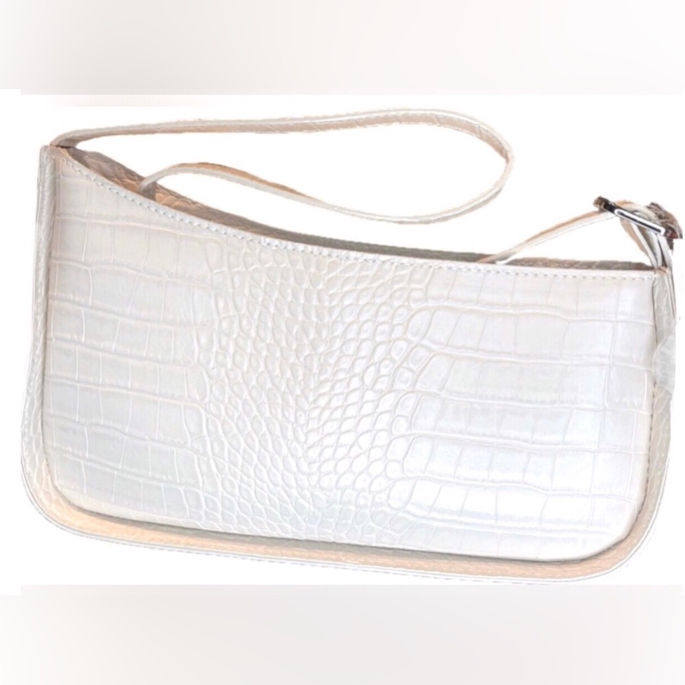 Ivory Crocodile-Embossed Faux Leather Shoulder Bag